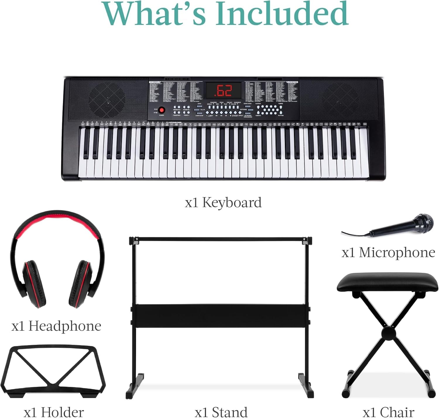 61-Key Electronic Keyboard Piano Portable Electric Keyboard Complete Beginner Set W/Led Screen, Stand, Bench, Headphones - Black