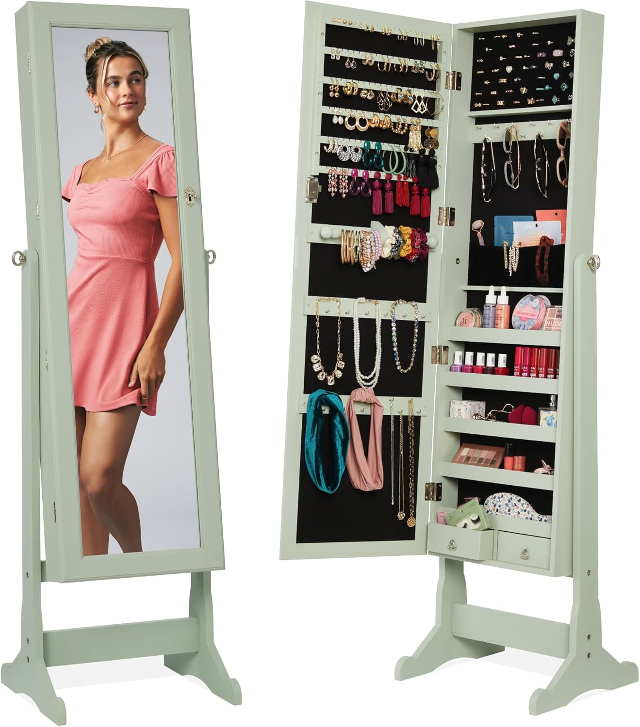 Freestanding Jewelry Armoire Cabinet, Full Length Standing Mirror, Lockable Makeup Storage Organizer, W/Velvet Lining, 3 Angles, Lock, Accessory Pouch, 5 Shelves - Sage