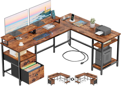 66” L Shaped Desk with Power Outlet, Reversible Computer Gaming Desk with File Drawer &amp; 2 Monitor Stands for Home Office with Storage Shelves, Rustic Brown