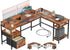 66” L Shaped Desk with Power Outlet, Reversible Computer Gaming Desk with File Drawer & 2 Monitor Stands for Home Office with Storage Shelves, Rustic Brown