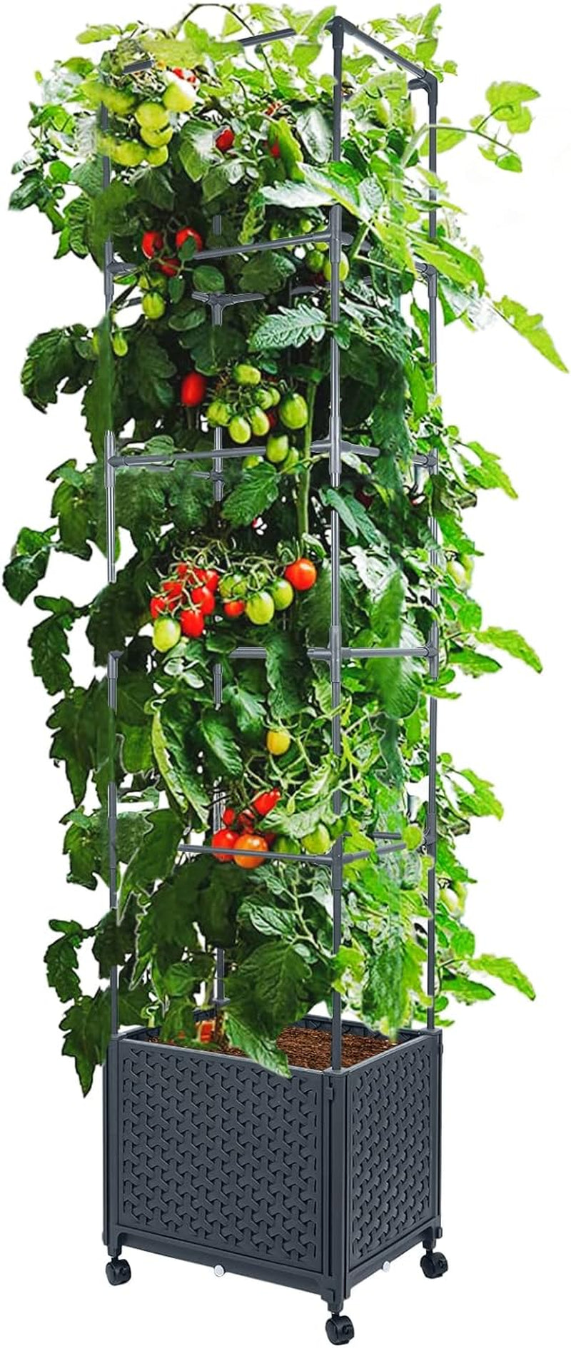 Raised Garden Bed Planter Box with Trellis, 67.6” Tomato Planters for Climbing Plants Vegetable Vine Flowers Outdoor Patio, Tomatoes Cage W/Self-Watering &amp; Wheels