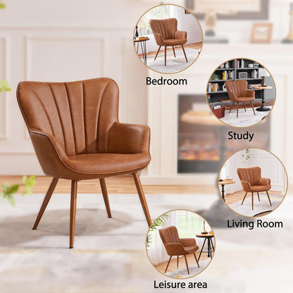 PU Leather Armchair, Modern Accent Chair with Metal Legs, Comfy Upholstered Barrel Chair for Living Room Bedroom Vanity Room, Brown