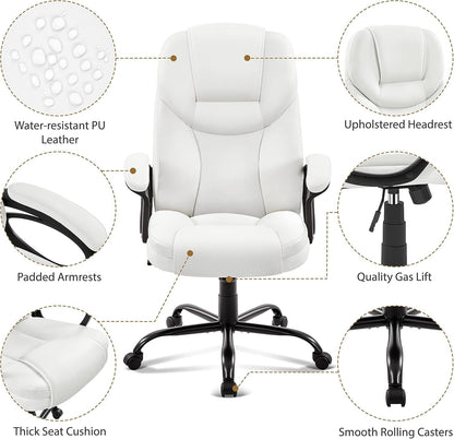 High Back Executive Chair Faux Leather Managerial Chair Ergonomic Task Chair Computer Meeting Chair Large Seat Swivel Chair, Sturdy Metal Base,White