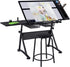 Drawing Table, Art Craft Desk with Adjustable Tabletop, Painters/Artist Work Station, Study Table with Stool, Tempered Glass Top