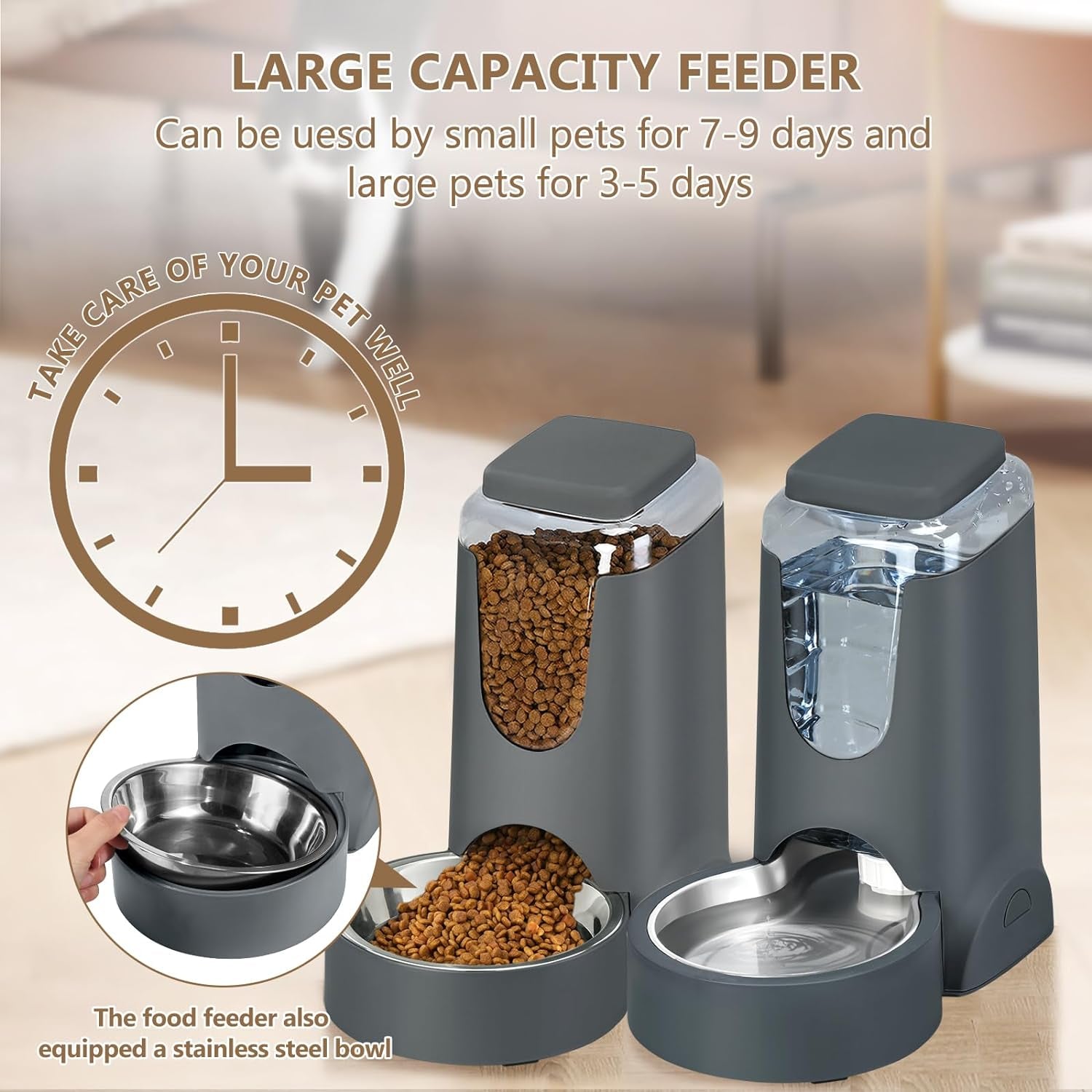 Automatic Cat Feeder and Water Dispenser with Stainless Steel Bowl Dog Gravity Food Feeder and Waterer for Small Medium Pets Puppy Kitten 1 Gallon X 2