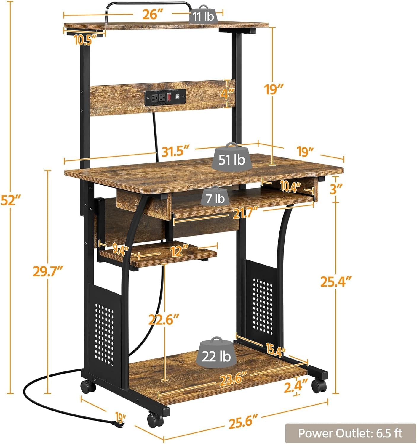 3 Tiers Rolling Computer Desk on Wheels with Charging Station and Keyboard Tray, Mobile Home Office Desk PC Laptop Workstation with Power Outlet and USB Ports for Home Studying, Rustic Brown