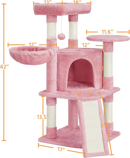 Cat Tree, 42In Cat Tower for Indoor Cats, Cat House with Large Perch &amp; Scratching Posts &amp; Cozy Condo &amp; Scratching Ramp, Cat Activity Center Cat Furniture, Pink