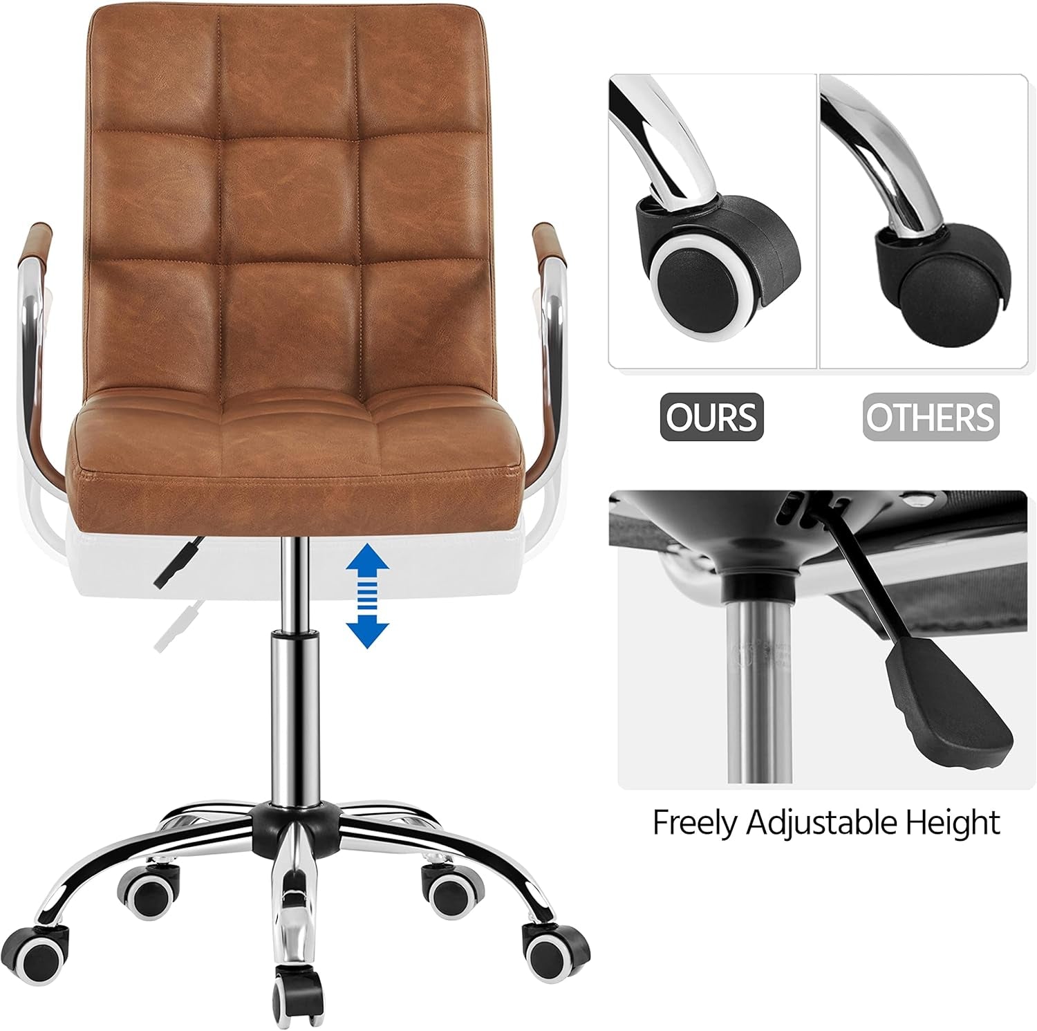 PU Leather Office Desk Chair Mid Back Height Adjustable Chair Comfortable Computer Swivel Chair W/Armrests, Retro Brown