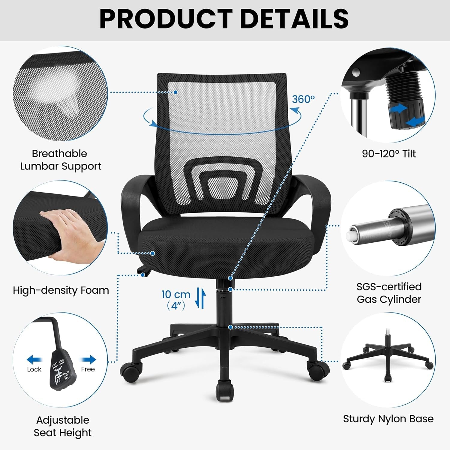 Office Chair Mid Back Swivel Lumbar Support Desk Chair, Height Adjustable Computer Ergonomic Mesh Chair with Armrest Black, 2-Pack