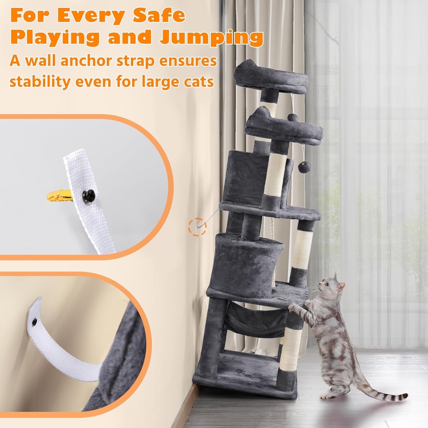 62.2Inches Cat Tree Cat Tower Cat Condo with Platform &amp; Hammock, Scratching Posts for Kittens Pet Play House with Plush Perch for Indoor Activity Relaxing