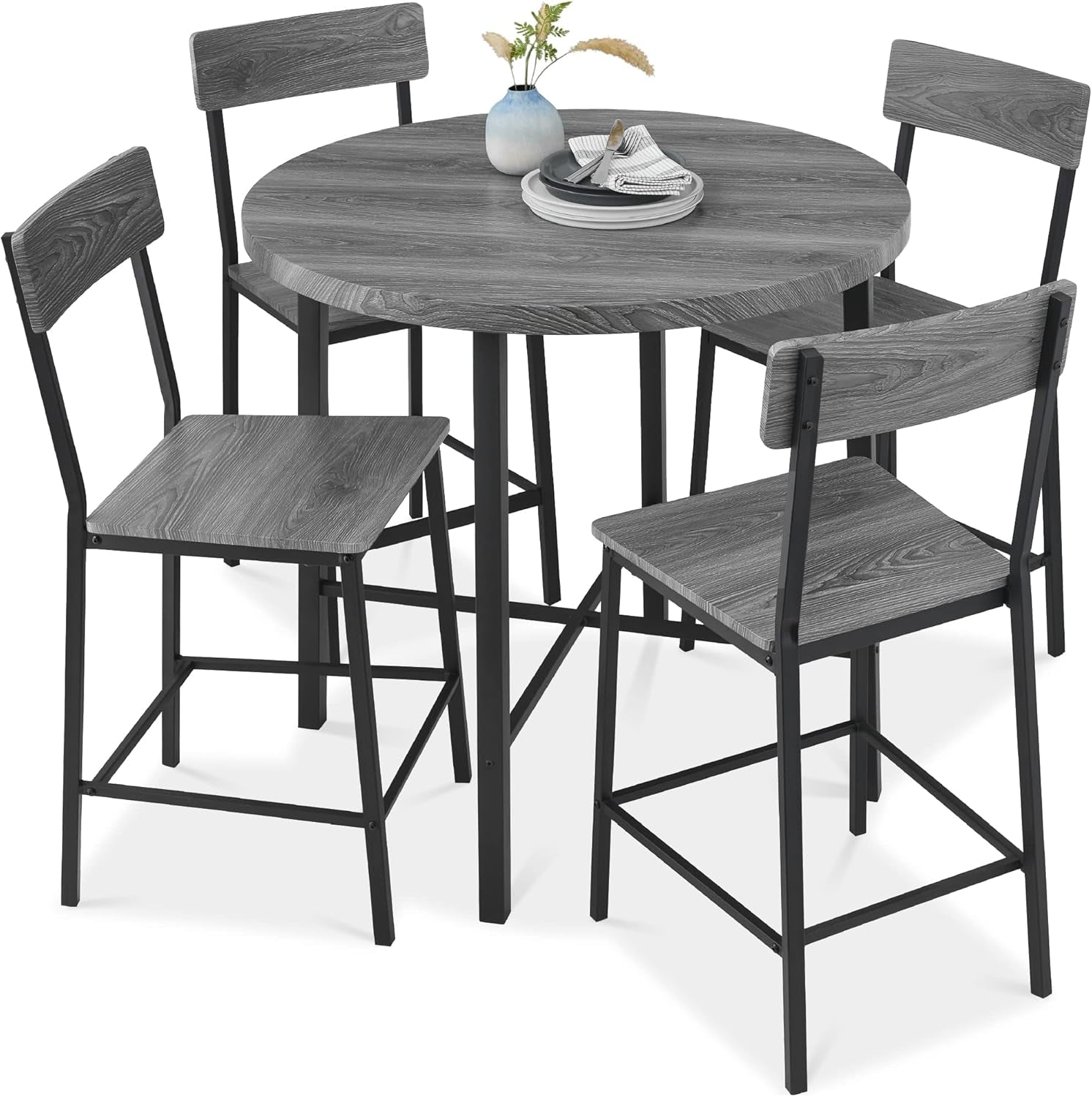 5-Piece Modern round Counter Height Dining Set for Home Kitchen, Dining Room W/ 4 Chairs, 1.5In Thick Table - Gray