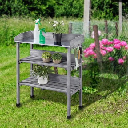 Garden Potting Table Horticulture Potting Bench W/Storage Shelf W/Metal Tabletop W/Hook 3 Shelves Workstation Work Benches Station, Gray