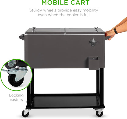 80-Quart Outdoor Steel Rolling Cooler Cart W/Ice Chest, Bottle Opener, Catch Tray, Drain Plug, Locking Wheels