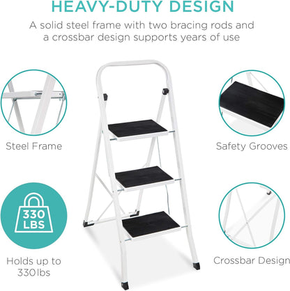 3 Step Ladder Folding Sturdy Lightweight Portable Step Stool for Kitchen, Bedroom, Home W/Non-Slip Rubber Feet, Padded Platforms Pads, 330Lb Capacity - White