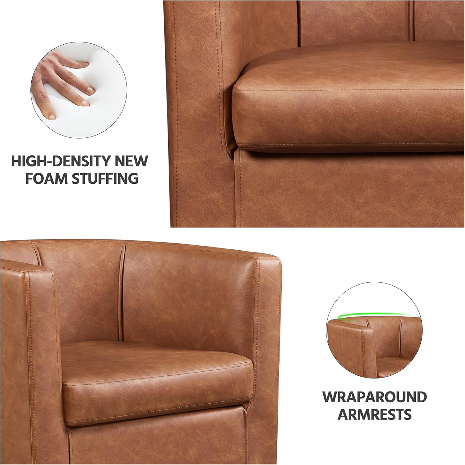 Accent Chair, PU Leather, Modern and Comfortable Armchairs, Upholstered Barrel Sofa Chair for Living Room Bedroom Waiting Room, Brown