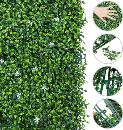 6Pcs 20 X 20 Inch Artificial Boxwood Panels W/Little White Flowers Topiary Hedge Plant Grass Wall UV Protected Privacy Hedge Screen for Garden, Fence, Backyard, Home, Wedding