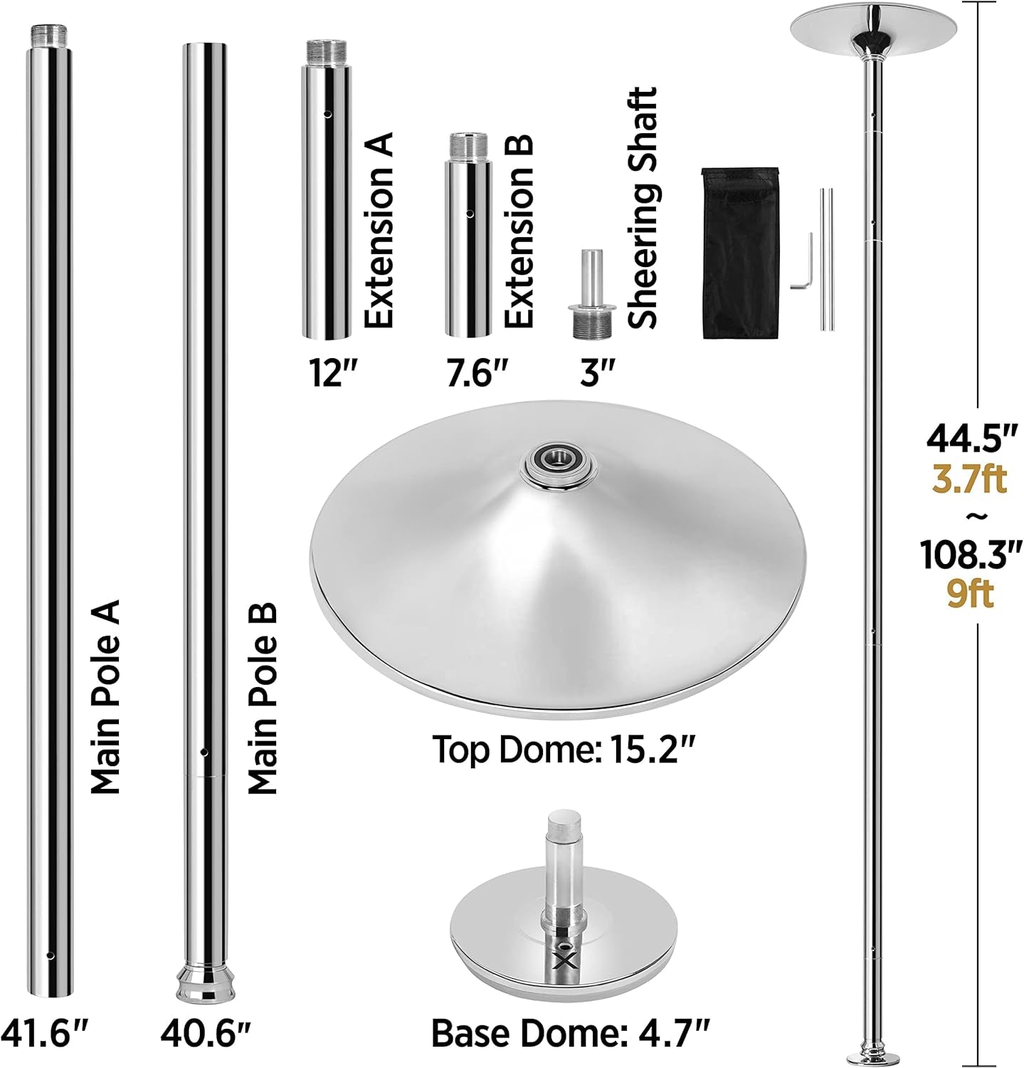 Dance Pole Spinning Static Dancing Pole Portable Removable for Home Club Bar Gym 44.5-108.3” Height Adjustable &amp; Weight Capacity 500Lb, Silver/Gold