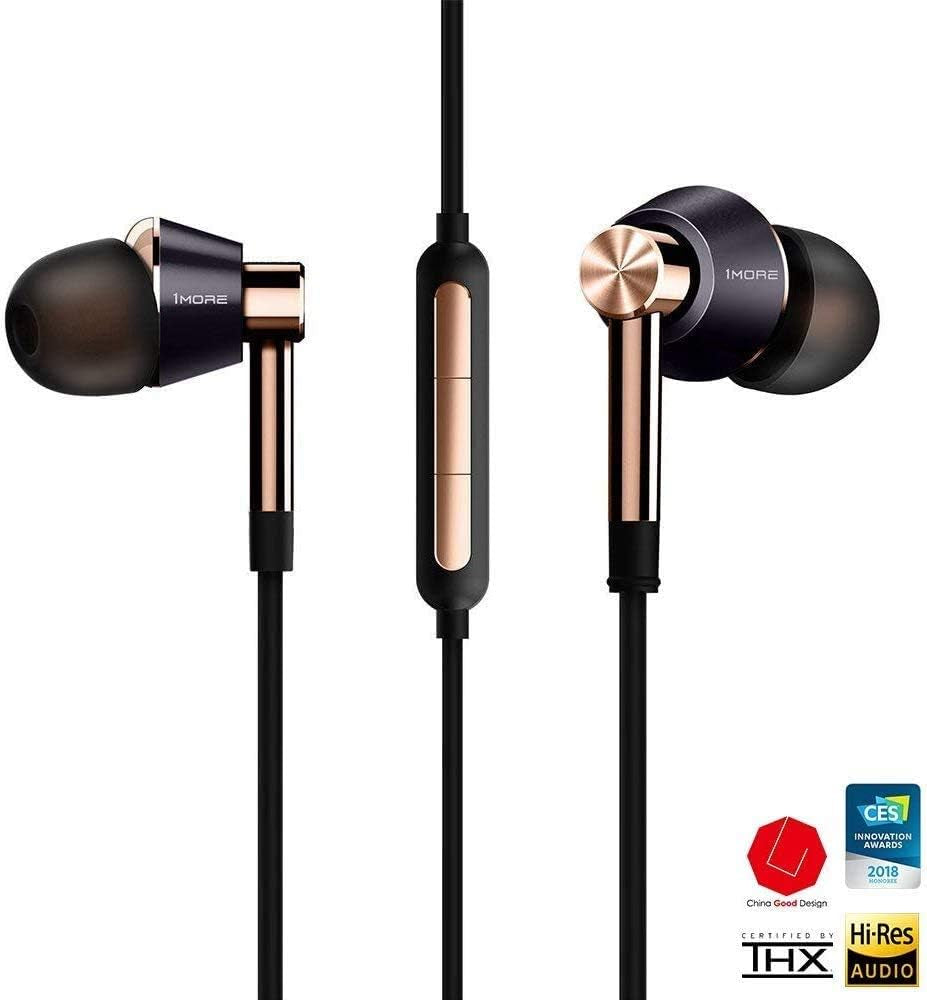 Triple Driver In-Ear Earphones Hi-Res Headphones with High Resolution, Bass Driven Sound, MEMS Mic, In-Line Remote, High Fidelity for Smartphones/Pc/Tablet - Gold