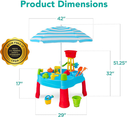 Kids Sand &amp; Water Outdoor Activity Table, Childs 2-In-1 Play Set W/ 18 Accessories, Adjustable Umbrella, 120 Capacity