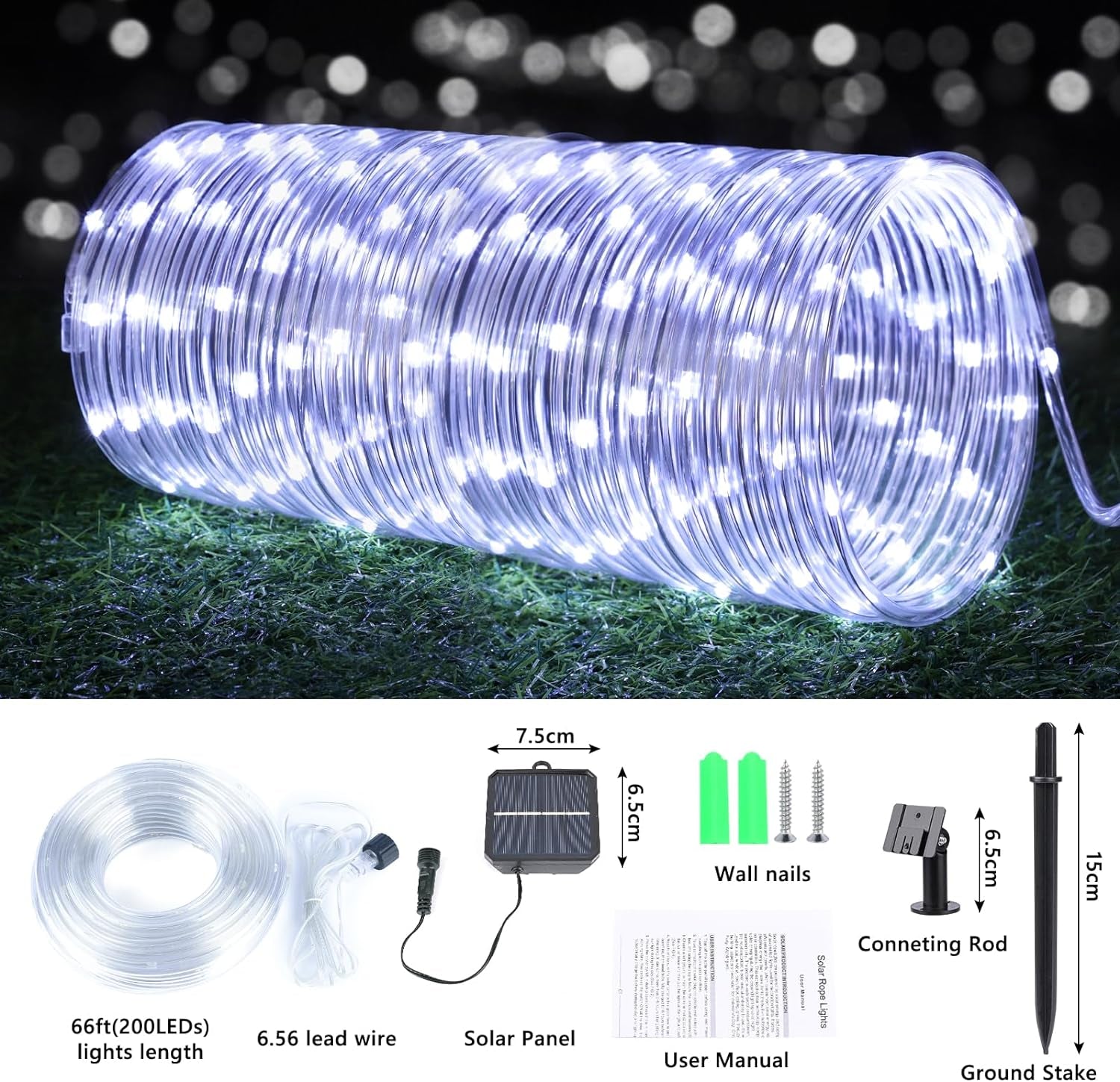 Solar Rope Lights, 2 Packs 66Ft 200LED Solar String Lights, 8 Modes Waterproof Solar Powered Outdoor Lights, Flexible Clear Tube Lights for Garden, Backyard, Patio, Deck, Porch, Pool,Tree Decor -White