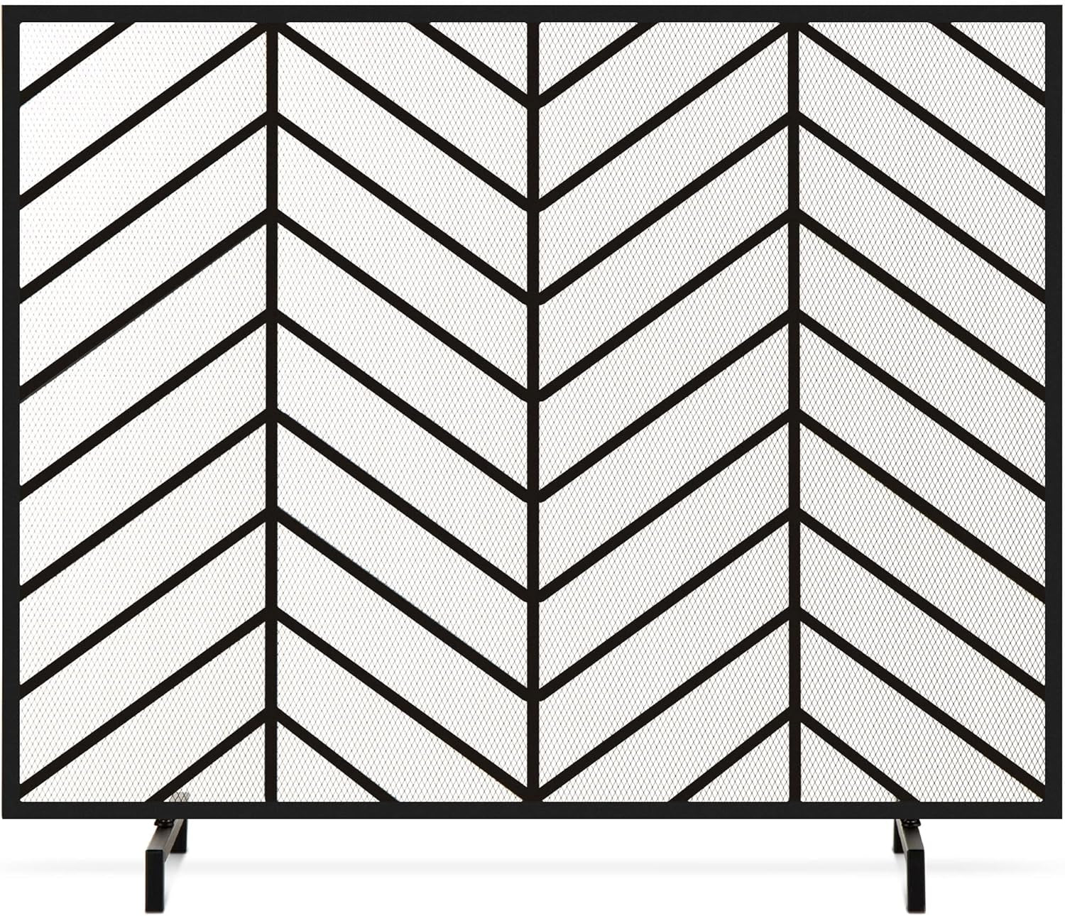 38X31In Single Panel Handcrafted Wrought Iron Mesh Chevron Fireplace Screen, Fire Spark Guard for Living Room, Bedroom Décor W/Distressed Antique Finish - Gold