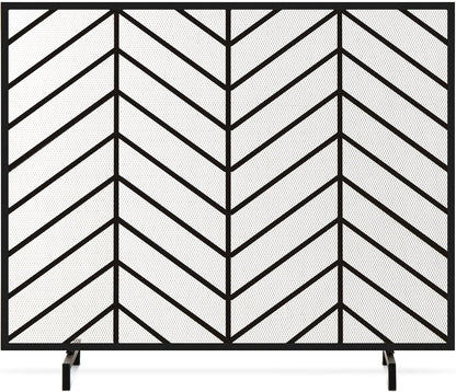 38X31In Single Panel Handcrafted Wrought Iron Mesh Chevron Fireplace Screen, Fire Spark Guard for Living Room, Bedroom Décor W/Distressed Antique Finish - Gold