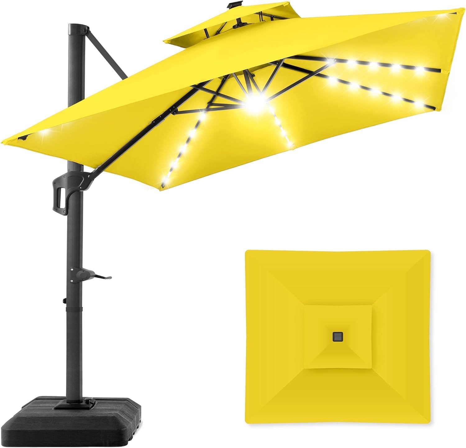 10X10Ft 2-Tier Square Cantilever Patio Umbrella with Solar LED Lights, Offset Hanging Outdoor Sun Shade for Backyard W/Included Fillable Base, 360 Rotation - Burgundy