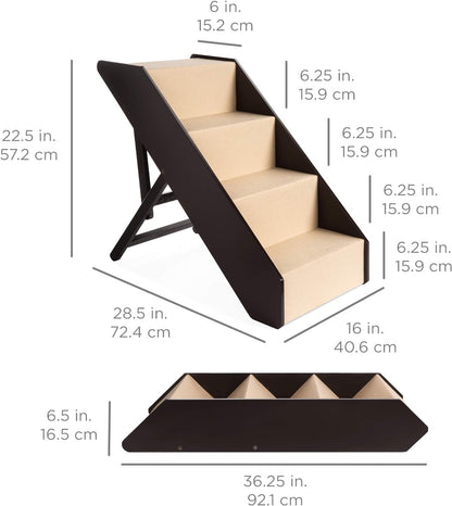 4-Step Foldable Adjustable, Non-Slip Wide Wooden Pet Stairs for Living Room, Bedroom, Dog &amp; Cat Sizes Small, Medium, Large W/Carpet, No Assembly, Ideal for Injured, Elderly Pets