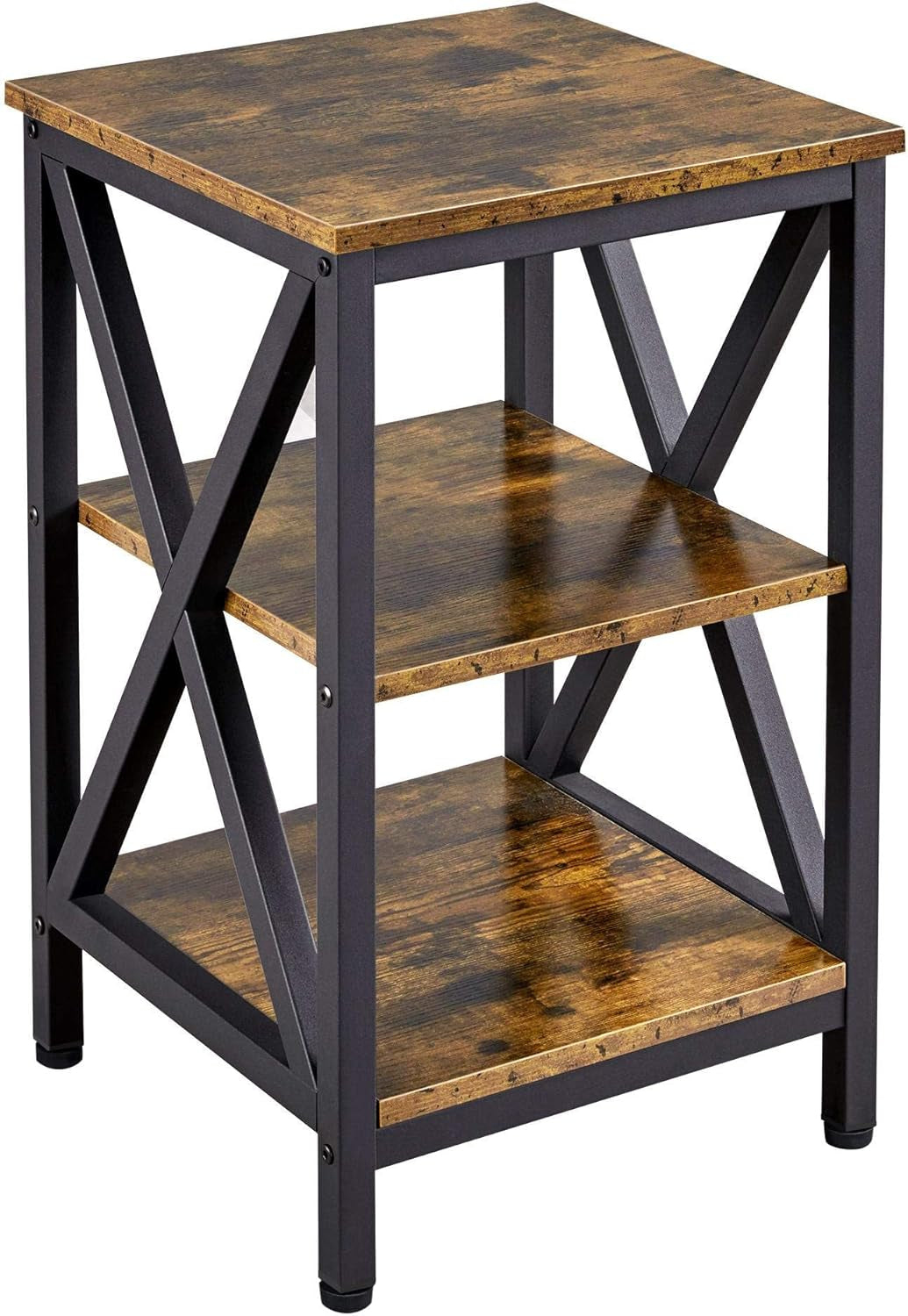 Industrial End Tables, 3-Tier Side Tables with Storage Shelves for Living Room, X Design Sofa Tables, Strong Metal Frame, Easy Assembly, Rustic Brown