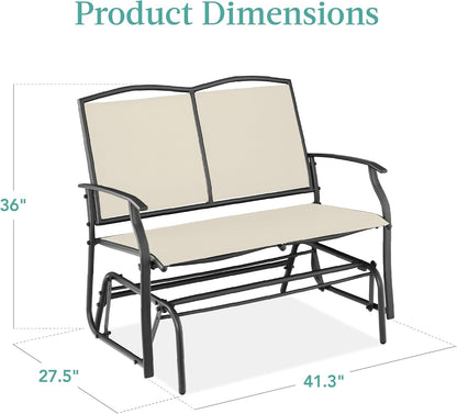 2-Person Outdoor Patio Swing Glider Steel Bench Loveseat Rocker for Deck, Porch W/Textilene Fabric, Steel Frame - Ivory/Gray