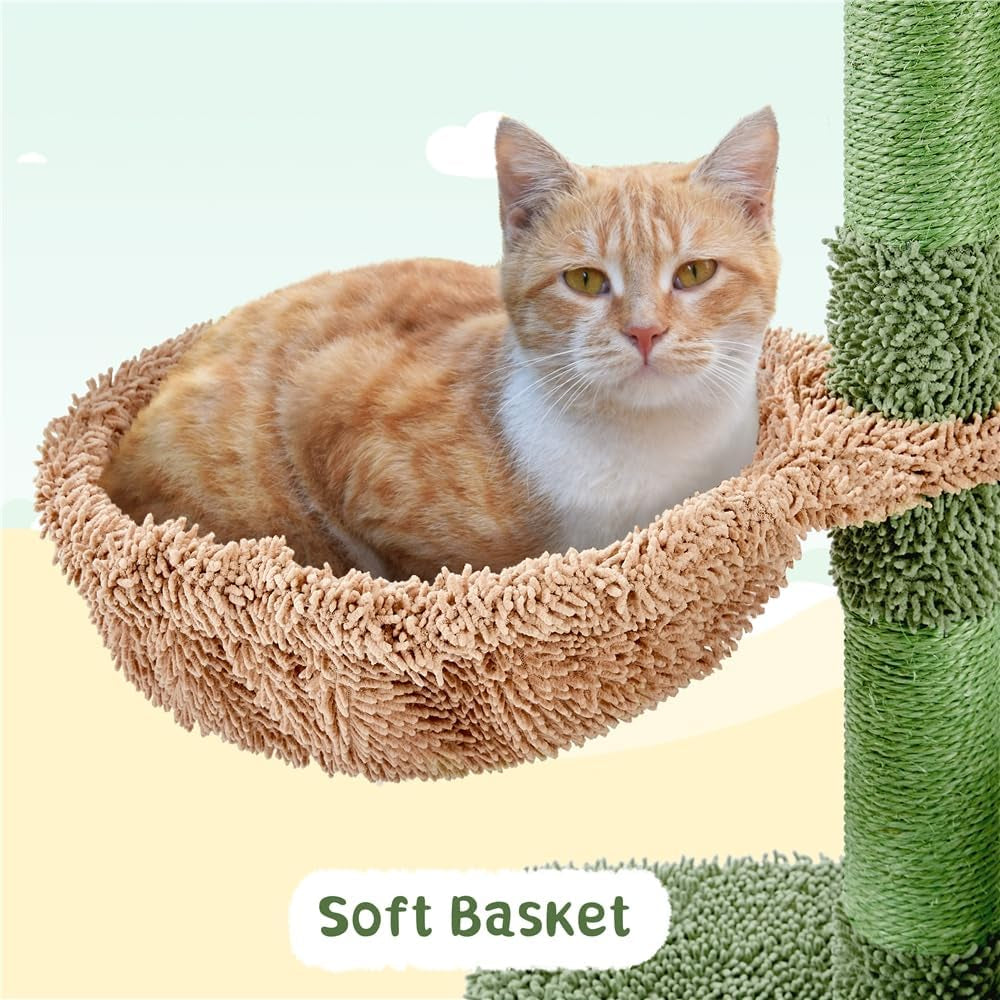 Cactus Cat Tree, 52.5In Cat Tower for Indoor Cats, Large Cat Condo Multi-Leve Scratching Post, Cat Climbing Tree with Basket, Platform, Cat Activity Center Play House Furniture, Green/Brown