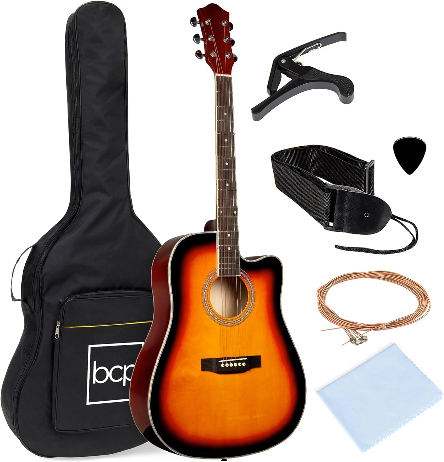 41In Beginner Acoustic Guitar Full Size All Wood Cutaway Guitar Starter Set Bundle with Case, Strap, Capo, Strings, Picks - Black