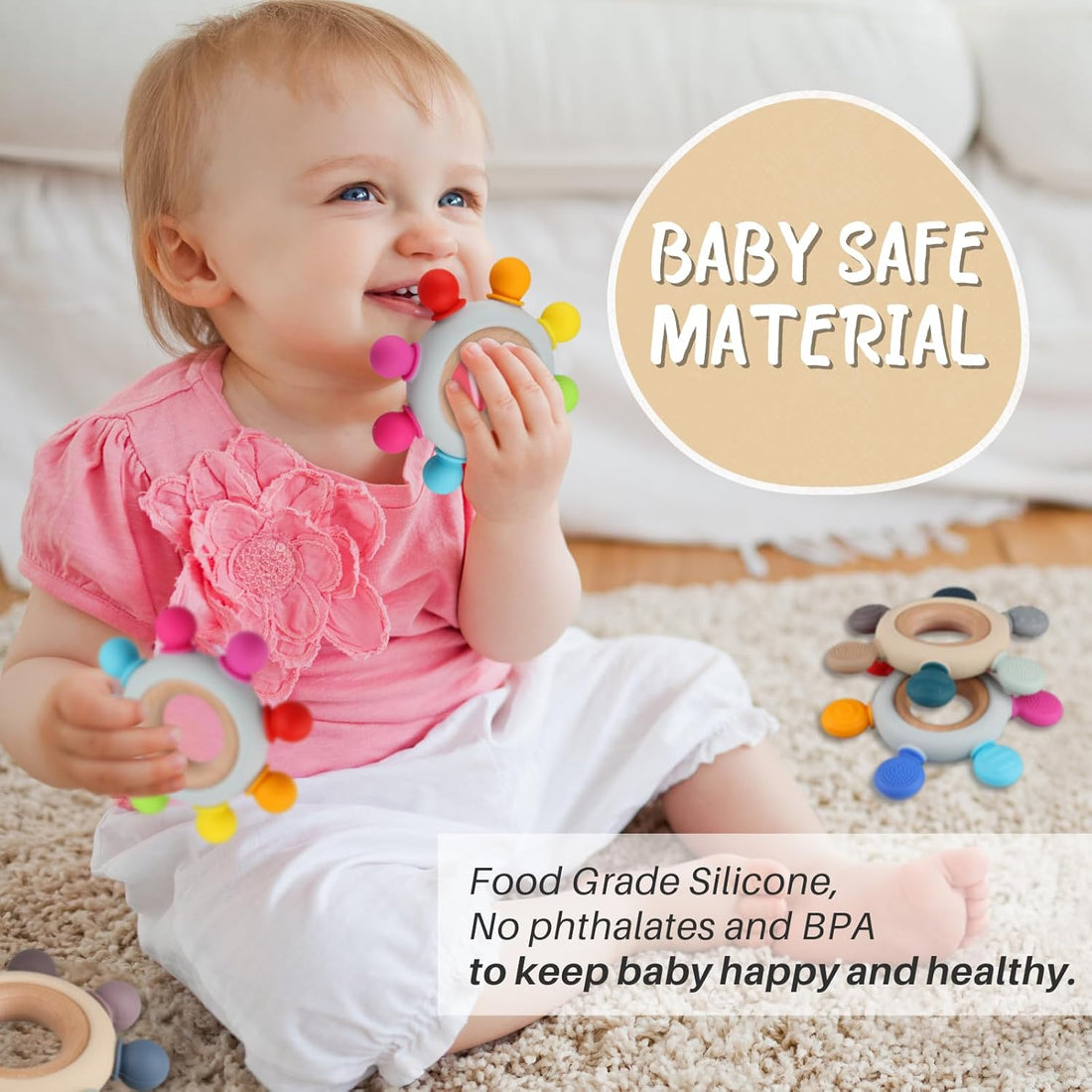 Baby Teething Toys, Silicone Chewable Toys with Organic Wooden Ring for Infants 3+ Months, Silicone Teething Toys for Soothing Sore Gums, Sucking Needs (6 Directions, Khaki)