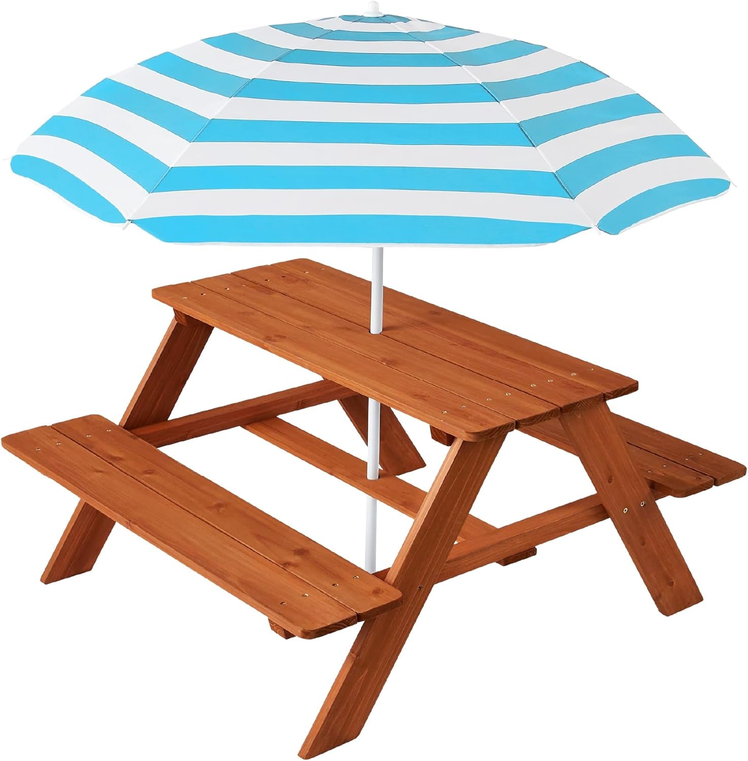 Kids Wooden Picnic Table, Outdoor Activity &amp; Dining Table W/Adjustable Collapsible Umbrella, Built-In Seats - Golden Brown/Navy