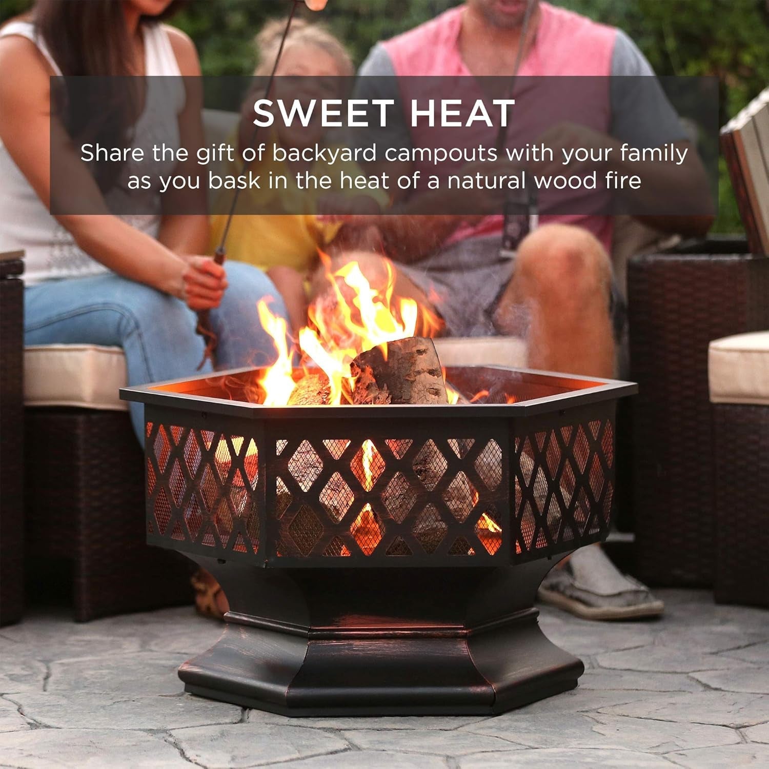 Hex-Shaped 24In Steel Fire Pit, Black Metal Wood Burning Firepit, Portable Hexagon Fire Bowl for Outside, Patio, Backyard W/Flame-Retardant Mesh Lid