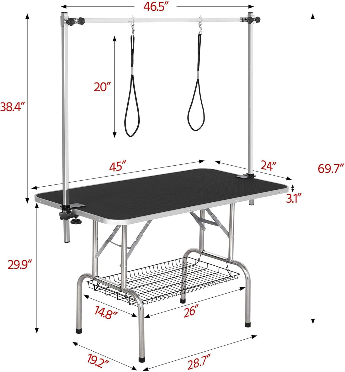 45-Inch Large Heavy Duty Pet Dog Grooming Table W/Adjustable Overhead Arm, Clamps, Two Grooming Noose, Tray