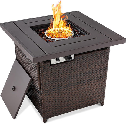 28In Gas Fire Pit Table, 50,000 BTU Outdoor Wicker Patio Propane Firepit W/Faux Wood Tabletop, Clear Glass Rocks, Cover, Hideaway Tank Holder, Lid - Ash Gray