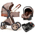 Baby Travel System Infant 3 in 1 Baby Stroller Pushchair High Landscape Reversible Foldable Portable Stroller Newborn Pram Reclining Baby Carriage (With Base Brown)