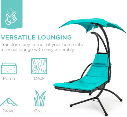 Outdoor Hanging Curved Steel Chaise Lounge Chair Swing W/Built-In Pillow and Removable Canopy - Teal