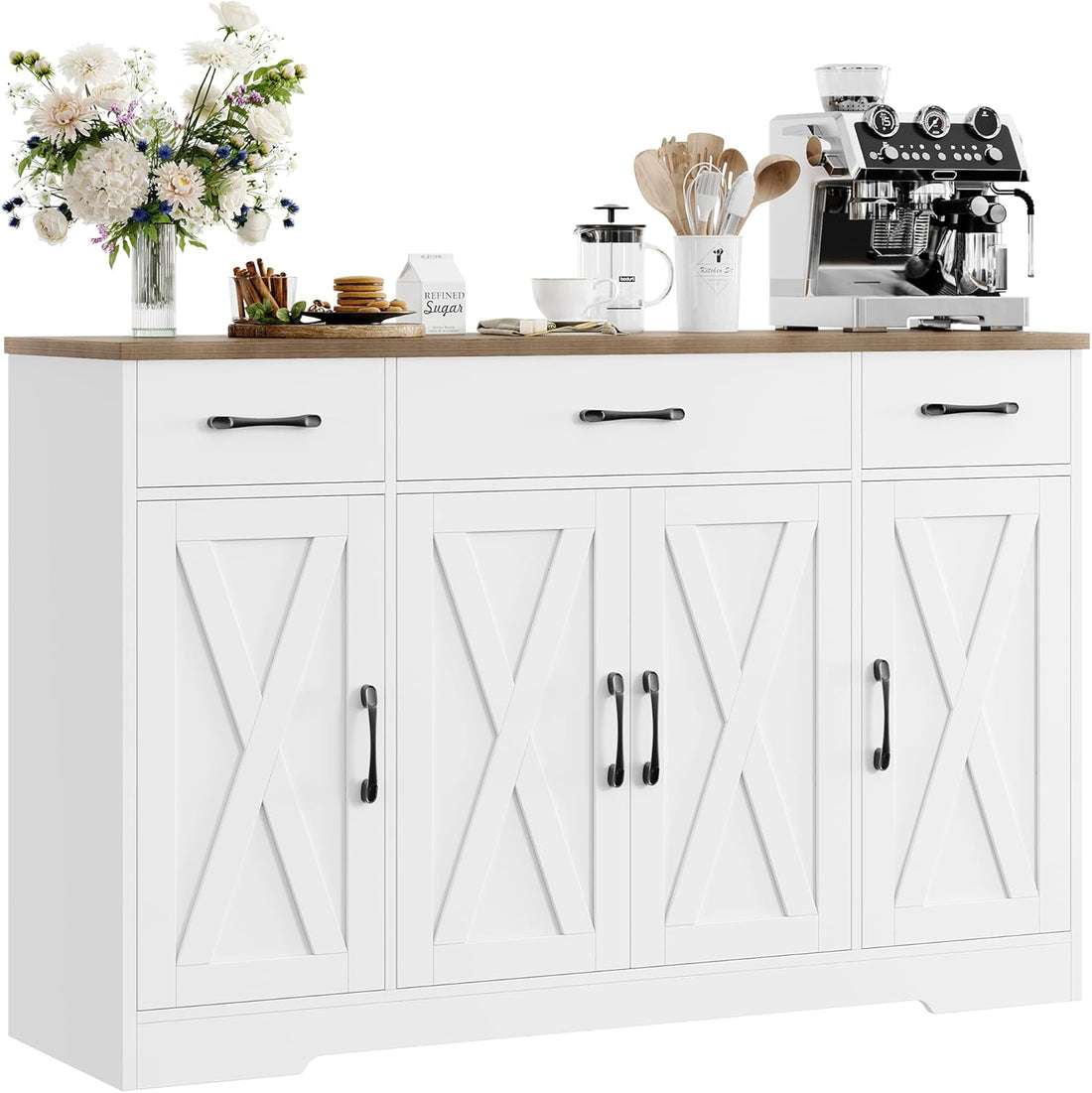 Buffet Cabinet with Drawers, 55&quot; Large Sideboard Buffet Storage Cabinet with Shelves and Doors, Modern Farmhouse Coffee Bar Cabinet Wood Buffet Table for Kitchen, Dining Room, White/Rustic