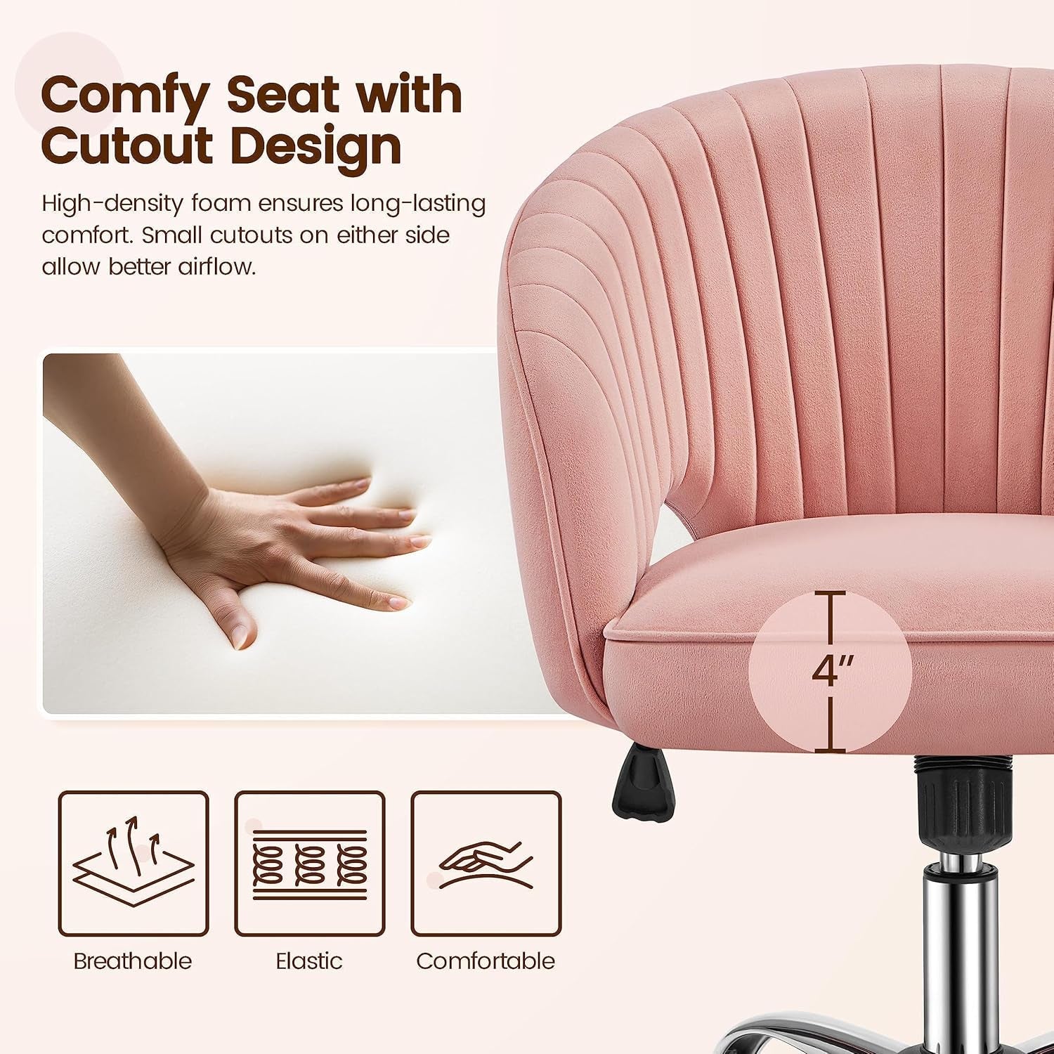 Pink Desk Chair Vanity Chair with Back Home Office Chair Cute Desk Chair Modern Swivel Rolling Chair Computer Chair for Study, Vanity, Bedroom