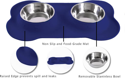 Pet Dog Bowls 2 Stainless Steel Dog Bowl with No Spill Non-Skid Silicone Mat + Pet Food Scoop Water and Food Feeder Bowls for Feeding Small Medium Large Dogs Cats Puppies (Small, Navy Blue)