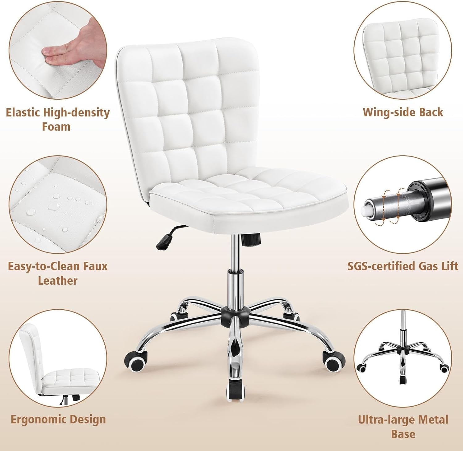 Armless Desk Chair Modern Tufted Office Chair Faux Leather Upholstered Computer Chair with Adjustable Seat Height and Rolling Wheels for Home/Office, White