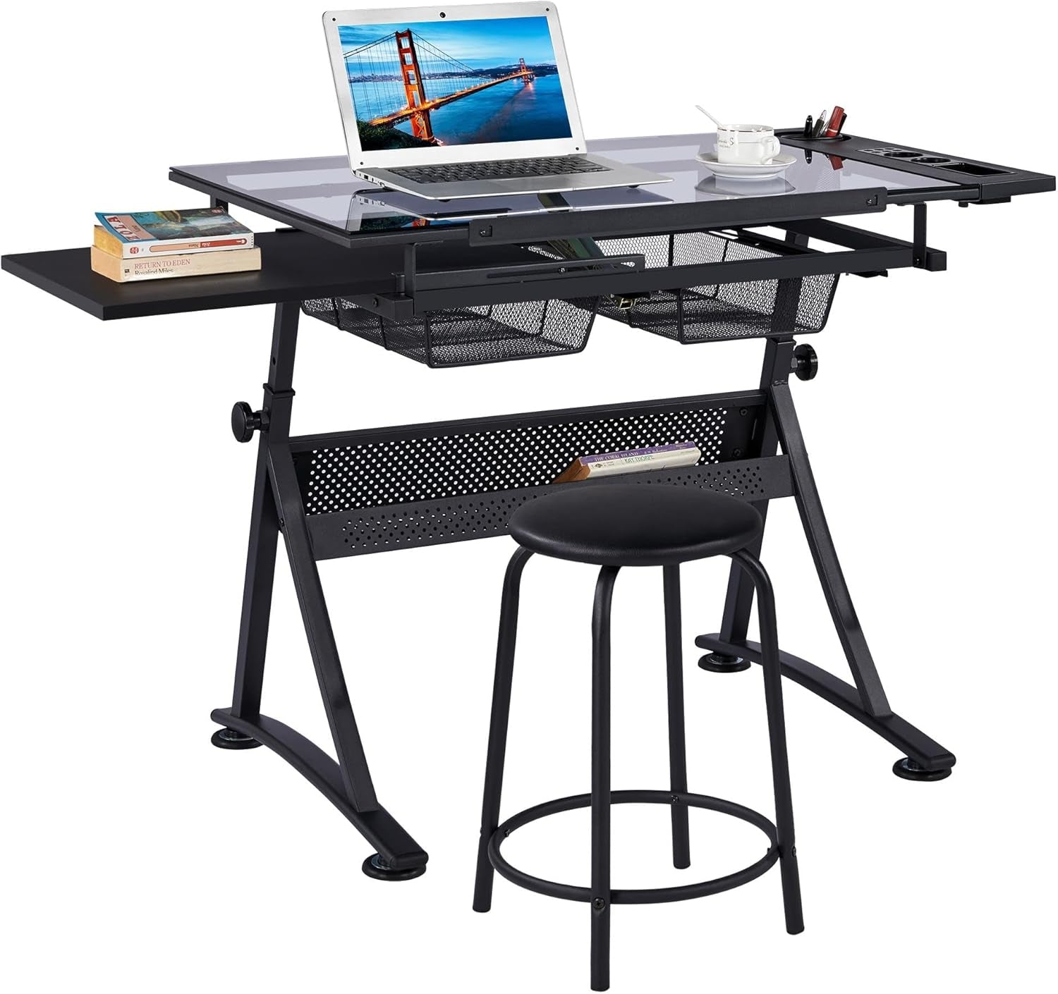 Drawing Table, Art Craft Desk with Adjustable Tabletop, Painters/Artist Work Station, Study Table with Stool, Tempered Glass Top