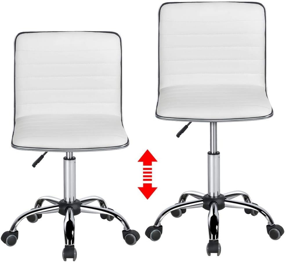 Adjustable Task Chair PU Leather Low Back Ribbed Armless Swivel White Desk Chair Office Chair Wheels