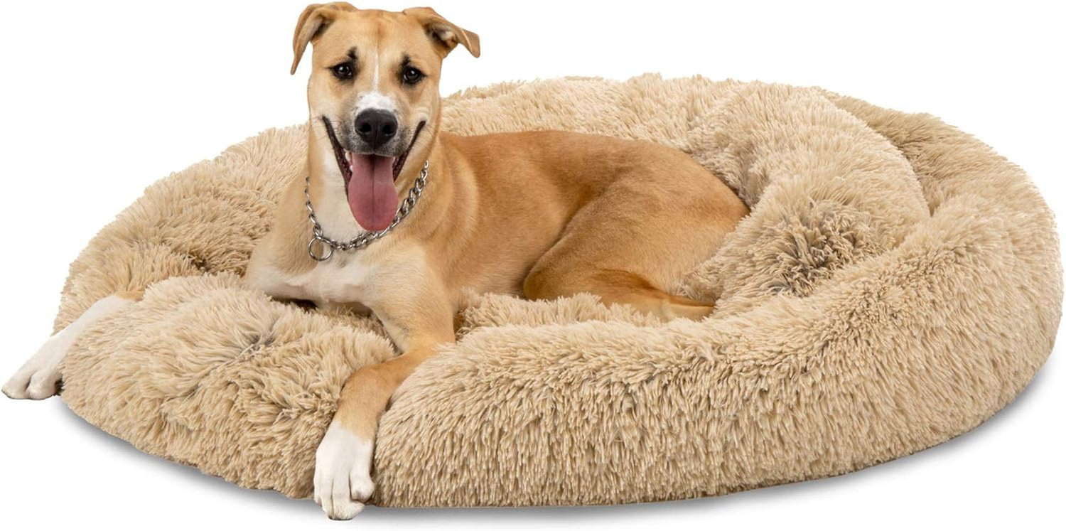 45In Dog Bed Self-Warming Plush Shag Fur Donut Calming Pet Bed Cuddler W/Water-Resistant Lining, Raised Rim - Brown