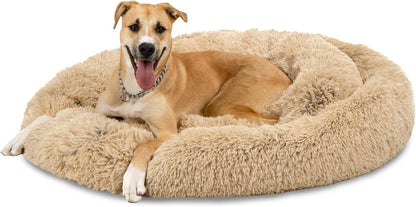 45In Dog Bed Self-Warming Plush Shag Fur Donut Calming Pet Bed Cuddler W/Water-Resistant Lining, Raised Rim - Brown