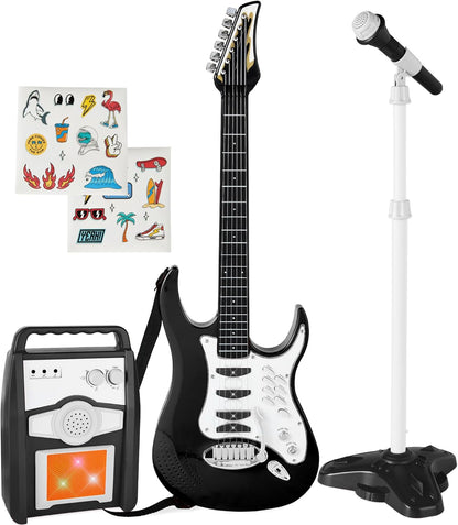 Kids Electric Musical Guitar Play Set, Toy Guitar Starter Kit Bundle W/ 6 Demo Songs, Whammy Bar, Microphone, Amp, AUX, 2 Sticker Sheets - Pink