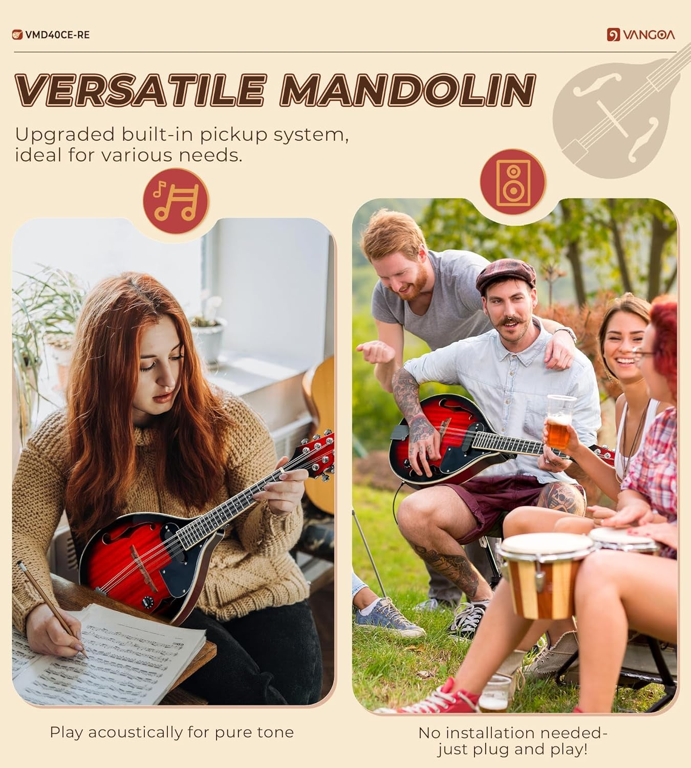 Mandolin Musical Instrument a Style Acoustic Electric Mandolin Instrument, 8 Strings Mahogany Mandolin for Beginner Adults Teens, Cherry Red