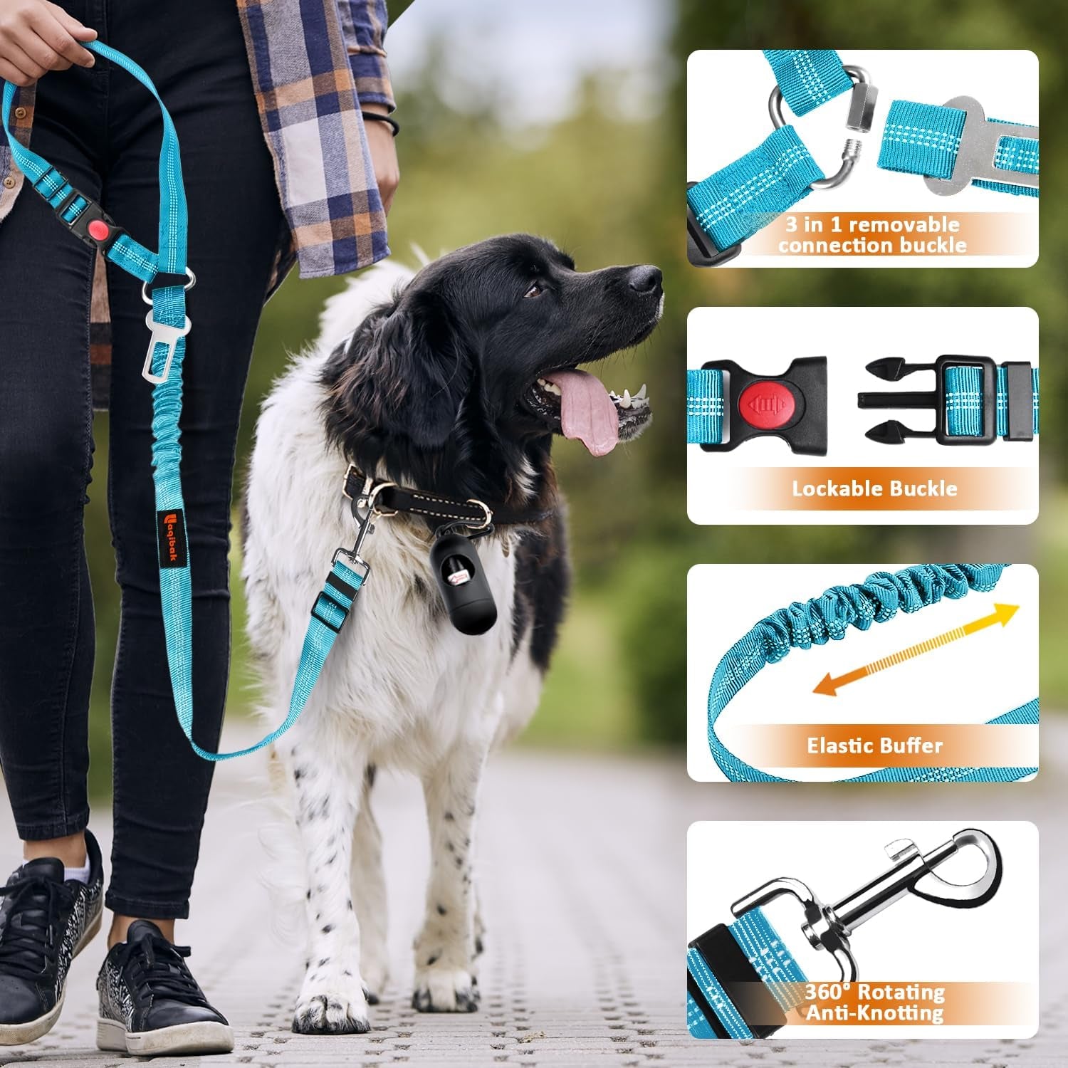 Removable Dog Seat Belt Harness for Car, 3 in 1 Pet Dog Car Seatbelt Leash, Retractable Restraint Secures to Vehicle Headrest &amp; Adjustable Reflective Bungee Dog Seatbelt Tether, Blue and Black